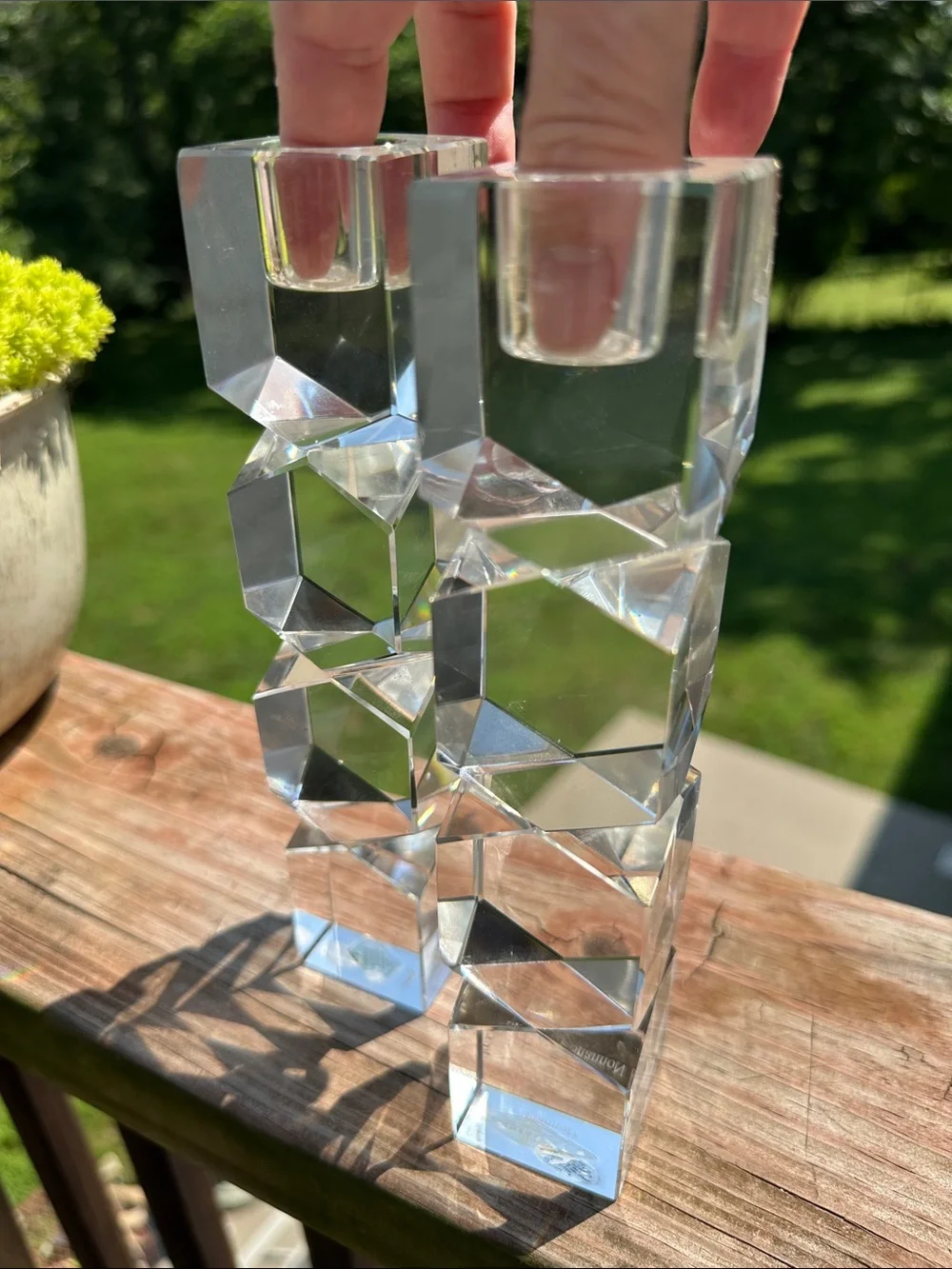 Pair of Post Modern Contemporary Cubist Shannon Crystal Candlestick Holders